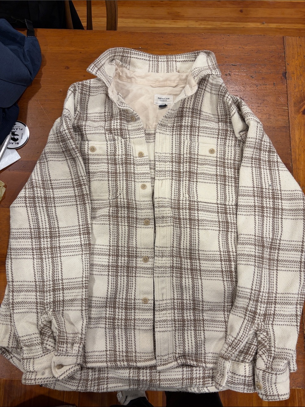 American Eagle Outfitters Cream and Brown Plaid Button-Down Shirt Jacket
